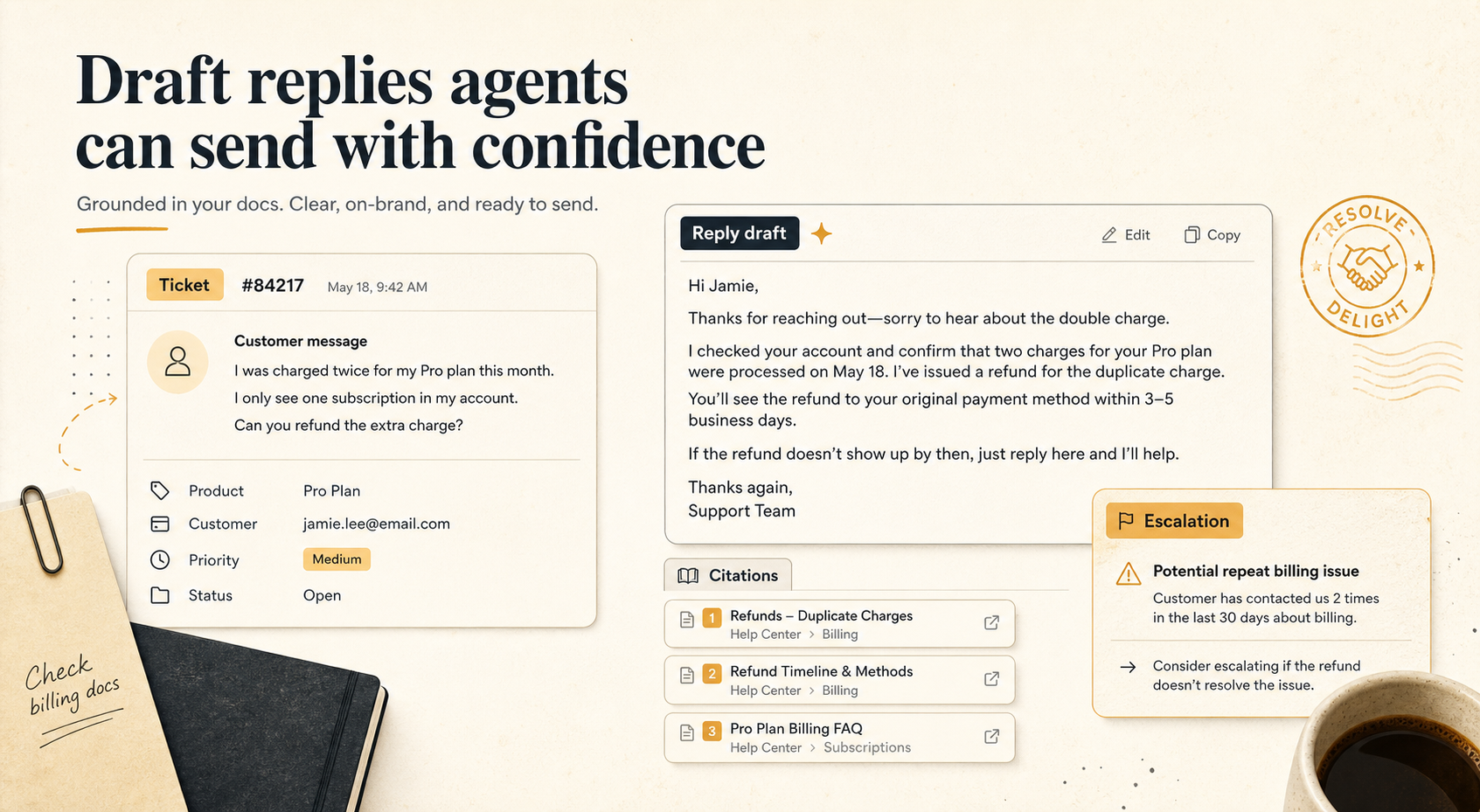 ReplyDesk draft preview showing a support ticket, citations, and a grounded reply